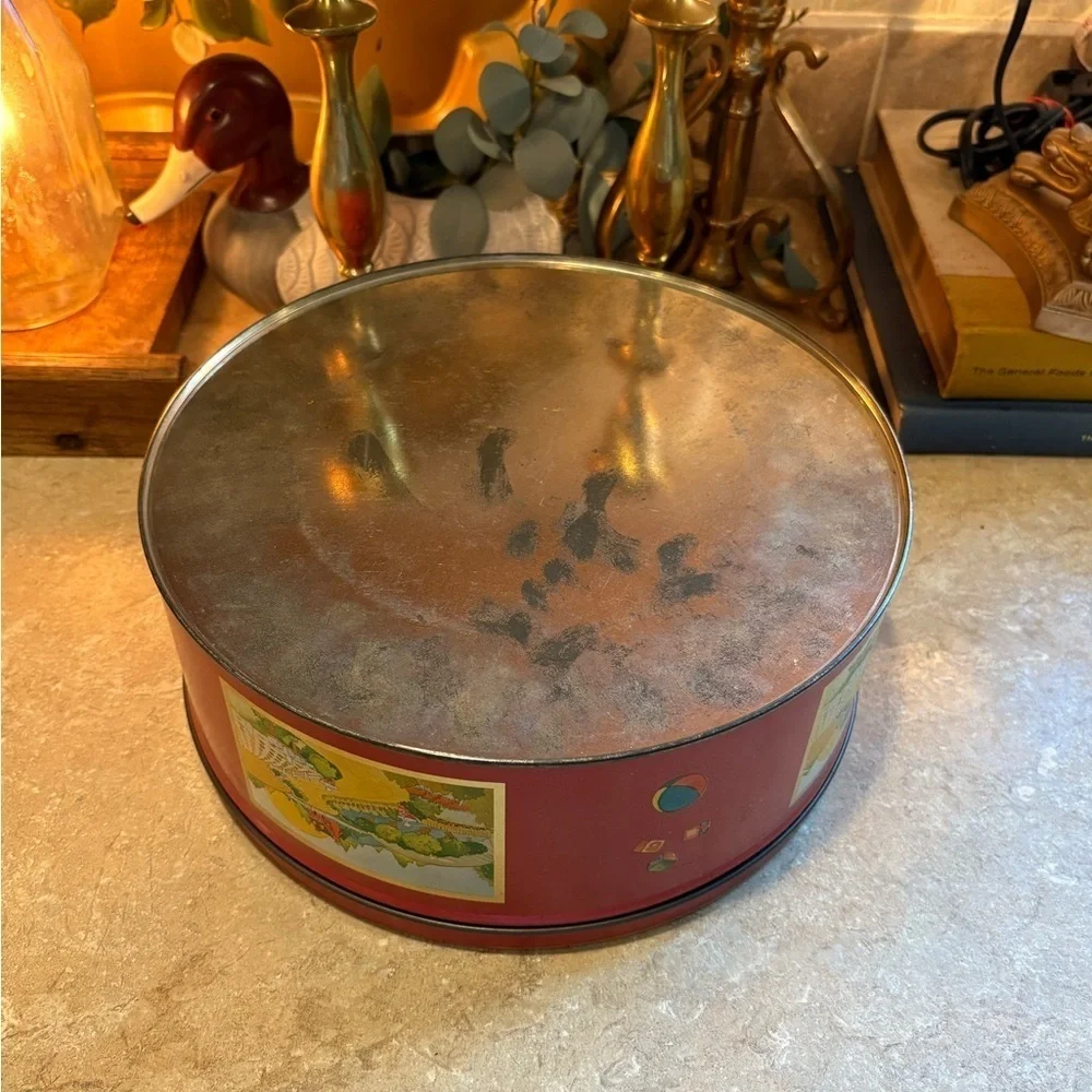 Vintage original Round Metal Tin mom with kid nursery Storage Container